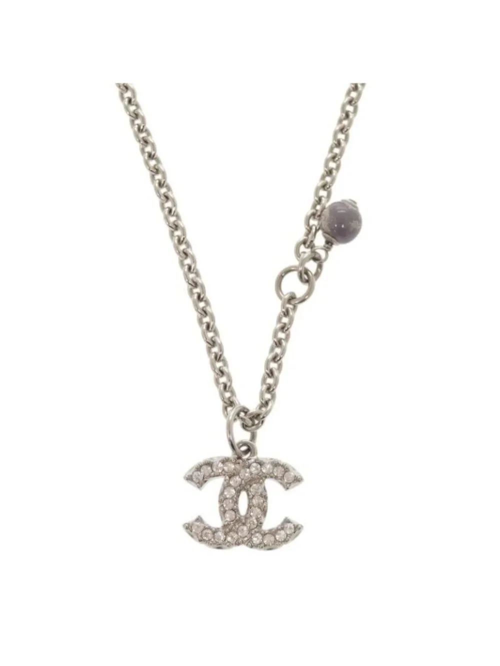 Chanel Coco Mark Metal Rhinestone Faux Pearl Silver Necklace 0470